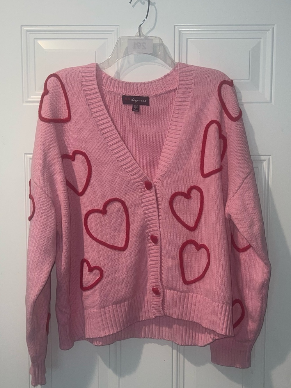 32 Degrees Pink Cardigan with Red Heart Outlines